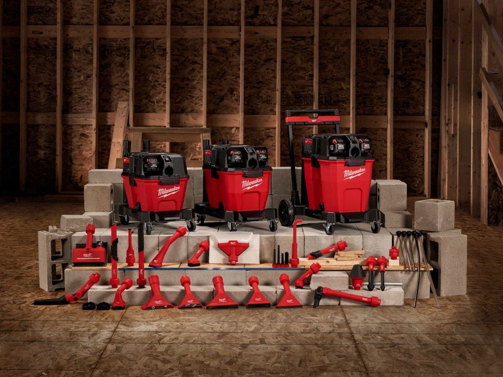 lineup of Milwaukee Cordless Modular Shop Vacuum System and AirTip Accessories