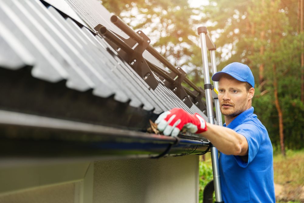 Contractor On Ladder Removing Leaves From Gutter. Contractor On Ladder Removing Leaves From Gutter.