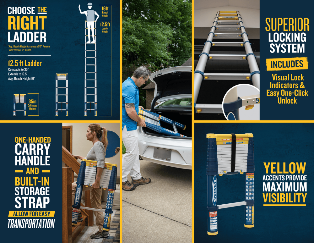 The Werner 12-1/2 ft Telescoping Ladder: Compact, Capable, and Built for the Jobsite Image The Werner 12-1/2 ft Telescoping Ladder: Compact, Capable, and Built for the Jobsite Image